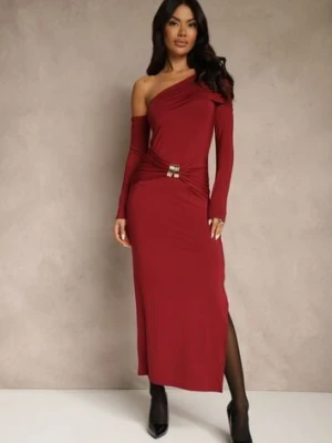 Bordowa Sukienka z Wiskozą Aplikacją Marszczeniem i Wywiniętym Dekoltem Reilenna