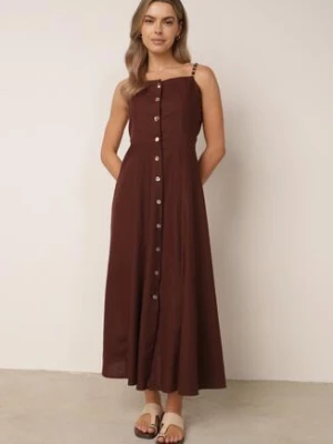 Bordowa Sukienka z Wiskozą Lnem i Koralikami na Ramiączkach Coranella m&d fashion