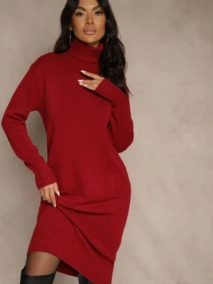 Bordowa Sweterkowa Sukienka z Bawełną i Golfem Reinaria
