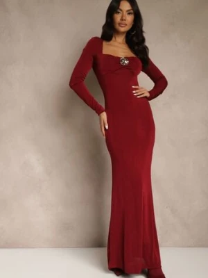 Bordowa Taliowana Sukienka Koktajlowa Lonsgleeve z Elegancką Aplikacją Idirena