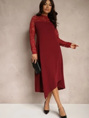 Bordowa Taliowana Sukienka o Rozkloszowanym Kroju Ozdobiona Koronką Edamora lovery