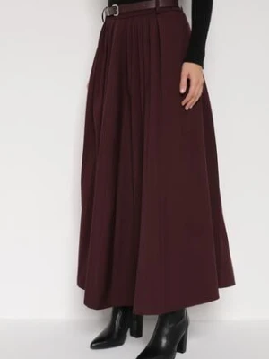 Bordowa Wiskozowa Spódnica o Rozkloszowanym Kroju z Paskiem z Klamrą Lawedisa