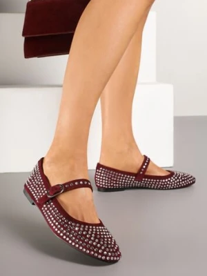Bordowe Balerinki na Płaskiej Podeszwie Mary Jane z Cyrkoniami Jomelia