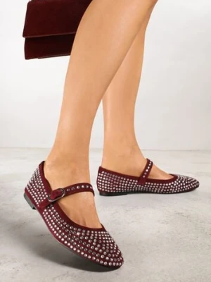 Bordowe Balerinki na Płaskiej Podeszwie Mary Jane z Cyrkoniami Jomelia