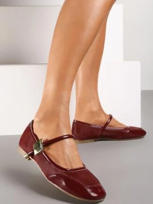 Bordowe Balerinki na Płaskiej Podeszwie z Lakierowanymi Skórzanymi Wstawkami i Sprzączką Mirittia
