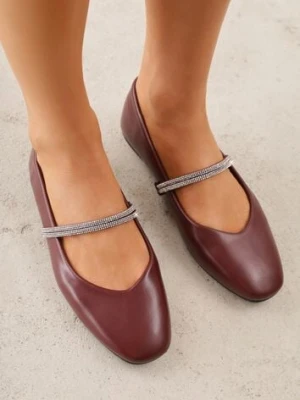 Bordowe Balerinki w Stylu Mary Jane z Paskiem z Cyrkoniami Cireris l.day