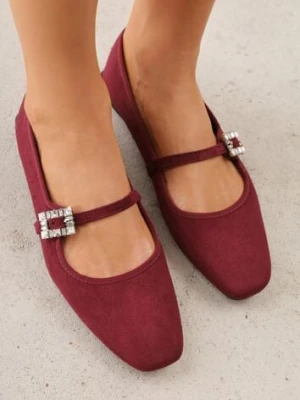 Bordowe Balerinki z Imitacji Zamszu o Fasonie Mary Jane z Cyrkoniową Klamrą Ireltise
