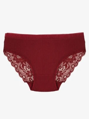 Bordowe Bawełniane Majtki Figi z Prążkowanej Tkaniny z Koronką Erqelia han