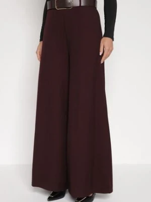 Bordowe Bawełniane Szerokie Spodnie Garniturowe z Wysokim Stanem i Paskiem Tusamia