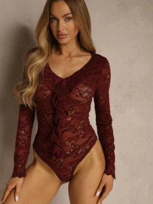 Bordowe Body z Koronki Ozdobione Falbanką Videle