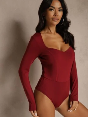 Bordowe Body z Wiskozą Ozdobione Kwadratowym Dekoltem Zalabrina