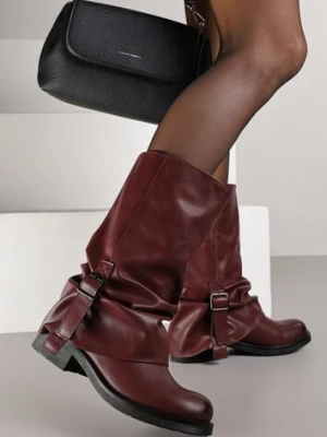 Bordowe Botki Bikery z Wywiniętą Cholewką z Marszczeniem i Klamrą Fenilea ballada