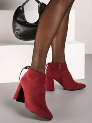 Bordowe Botki na Słupku Ozdobione z Tyłu Wiązaniem Ittelena