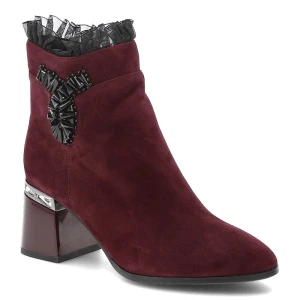 Bordowe Botki S.Barski Eleganckie Buty Damskie Z Broszką