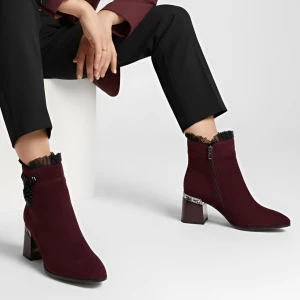 Botki damskie S. Barski, na słupku zamszowe bogato zdobione i na zamek, bordowe, MR52-127 S.Barski