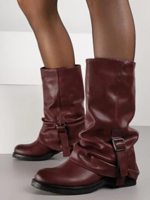Bordowe Botki z Wywiniętą Marszczoną Cholewką Typu Biker z Paskiem Olinessa ballada