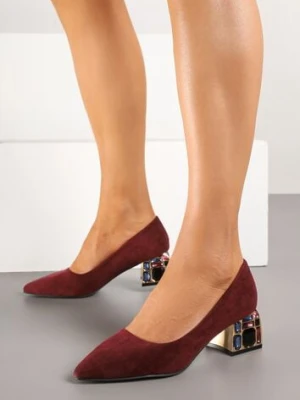 Bordowe Czółenka na Słupku Ozdobionym Cyrkoniami z Wkładką ze Skóry Clesina