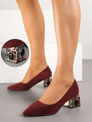 Bordowe Czółenka na Słupku Ozdobionym Cyrkoniami z Wkładką ze Skóry Clesina