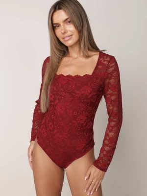 Bordowe Eleganckie Body z Wiskozą z Koronki z Kwadratowym Dekoltem Visco By Swan