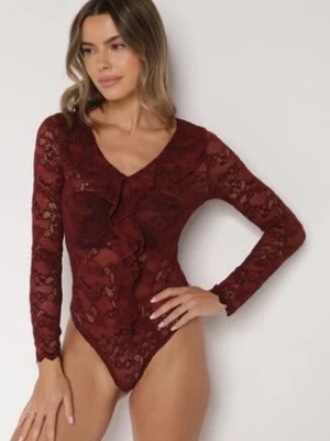 Bordowe Koronkowe Body z Falbanką Vidane