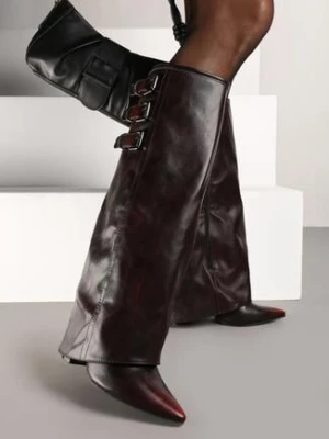 Bordowe Kozaki na Obcasie Ozdobione Wywiniętą Cholewką z Paskami i Klamrami Liennia