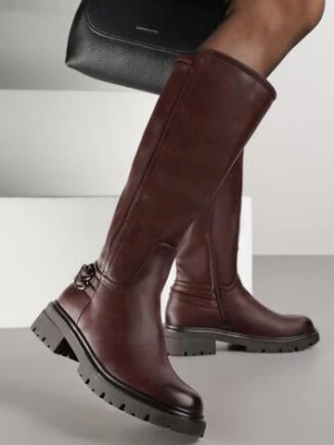 Bordowe Kozaki Oficerki na Grubej Podeszwie Zdobione Klamrami przy Kostce Saliseva m.daszynski