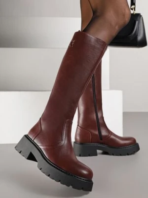 Bordowe Kozaki VICES na Platformie z Tłoczonym Zdobieniem przy Cholewce Uniresa