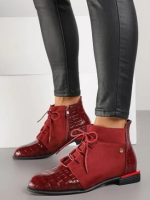 Bordowe Lakierowane Botki Vices z Tłoczeniem Ozvila