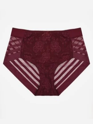 Bordowe Majtki Figi z Wysokim Stanem Zdobione Koronką i Siateczką Helieth
