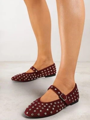 Bordowe Płaskie Balerinki Vices z Cyrkoniami i Ozdobnym Paskiem Ozina