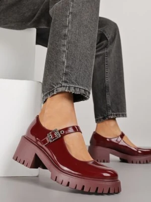 Bordowe Półbuty Mary Jane na Słupku i Tłoczonej Platformie Evanelle