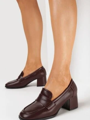 Bordowe Półbuty na Słupku z Kwadratowym Noskiem i Ozdobnym Paskiem Smotere