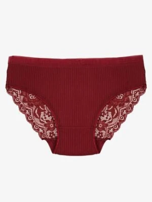 Bordowe Prążkowane Majtki Figi z Bawełny Zdobione Koronką Erwelia han