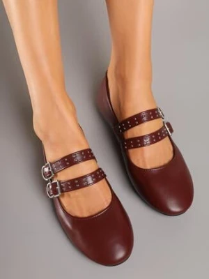 Bordowe Rockowe Balerinki Vices z Paseczkami i Klamrami Kikiella