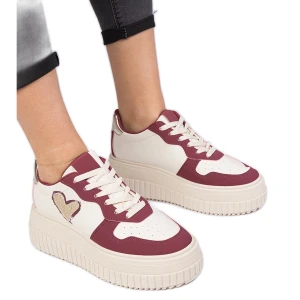 Bordowe sneakersy damskie z brokatowym serduszkiem czerwone Inna marka