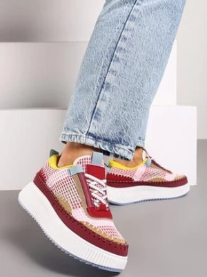 Bordowe Sneakersy na Grubej Podeszwie Ozdobione Przeszyciami Terilira