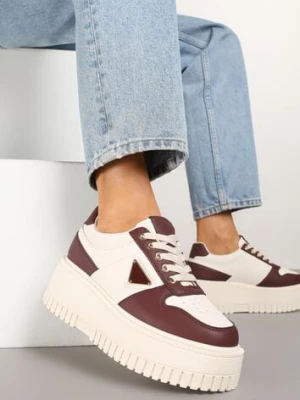 Beżowo-Bordowe Sneakersy na Platformie z Tłoczeniem Halinea