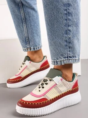 Bordowe Sneakersy na Platformie z Tweedowymi Wstawkami i Przeszyciami Leganna