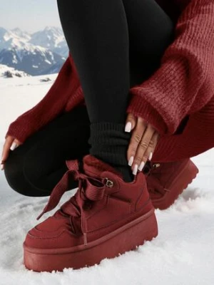 Bordowe Sneakersy Vices w Stylu Śniegowców na Platformie z Ozdobnym Futerkiem Nalirea