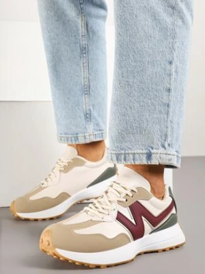 Beżowo-Bordowe Sneakersy z Ozdobnym Bieżnikiem Welorea