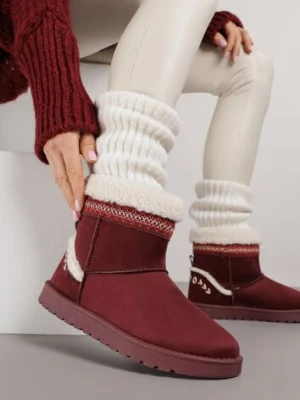 Bordowe Śniegowce o Wsuwanym Fasonie z Haftem i Futrem przy Cholewce Mevinadia