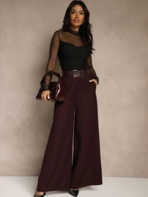 Bordowe Szerokie Garniturowe Spodnie z Bawełny High Waist Ozdobione Paskiem Tusneva