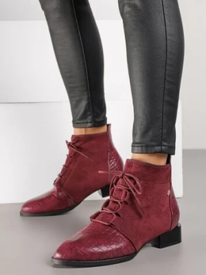 Bordowe Sznurowane Botki do Kostki Vices Zdobione Tłoczeniem Skóry Węża Wedvire