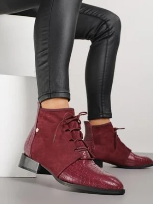 Bordowe Sznurowane Botki Vices do Kostki z Wężowym Tłoczeniem Wodvira