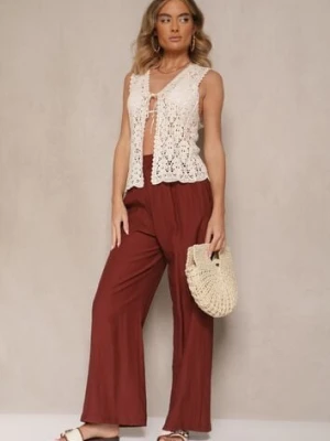 Bordowe Wiskozowe Spodnie Palazzo High Waist z Lnem Linaselia