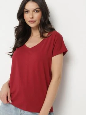 Bordowy Bawełniany T-shirt z Trójkątnym Dekoltem Linarosea