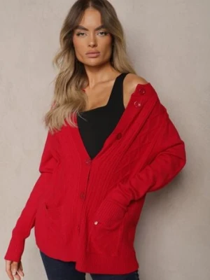 Bordowy Casualowy Kardigan z Bawełną z Kieszonkami Ozdobiony Tłoczeniem Mevanille j&x