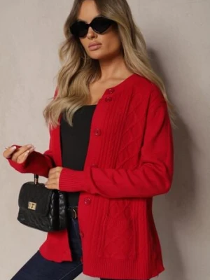 Bordowy Casualowy Kardigan z Bawełną z Kieszonkami Ozdobiony Tłoczeniem Mevanille j&x