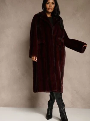 Bordowy Futrzany Płaszcz Oversize z Kieszeniami z Klapami Zellnessa