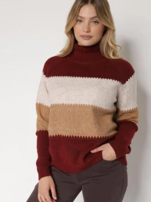 Bordowy Golf Oversize w Szerokie Pasy z Domieszką Kaszmiru Nellemia